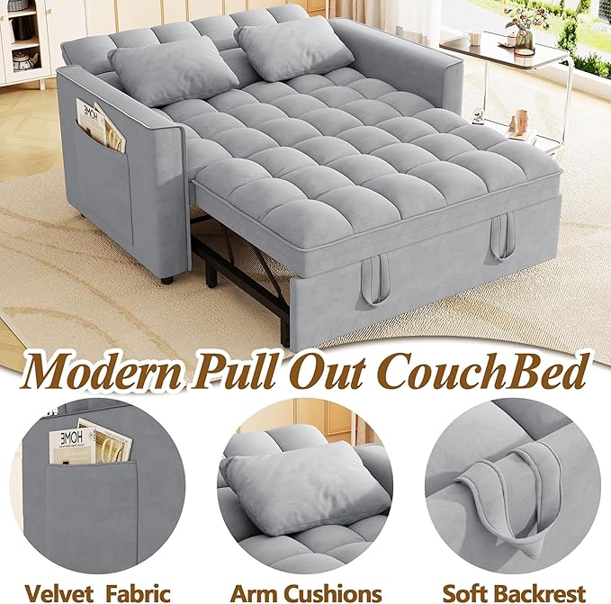 3 in 1 Convertible Sleeper Sofa Bed 52'' Velvet Pull Out Couch Bed with Comfy Pillows &amp Adjustable Backrest/Side PocketsFuton Loveseat Sleeper Sofa for Small Spaces Living Room Bedroom (Light Gr