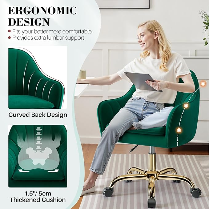 Vanity Chair with Wheels Comfy Home Office Desk Chairs Adjustable Modern Velvet Makeup Vanity Chairs for Bedroom Living Room-Green