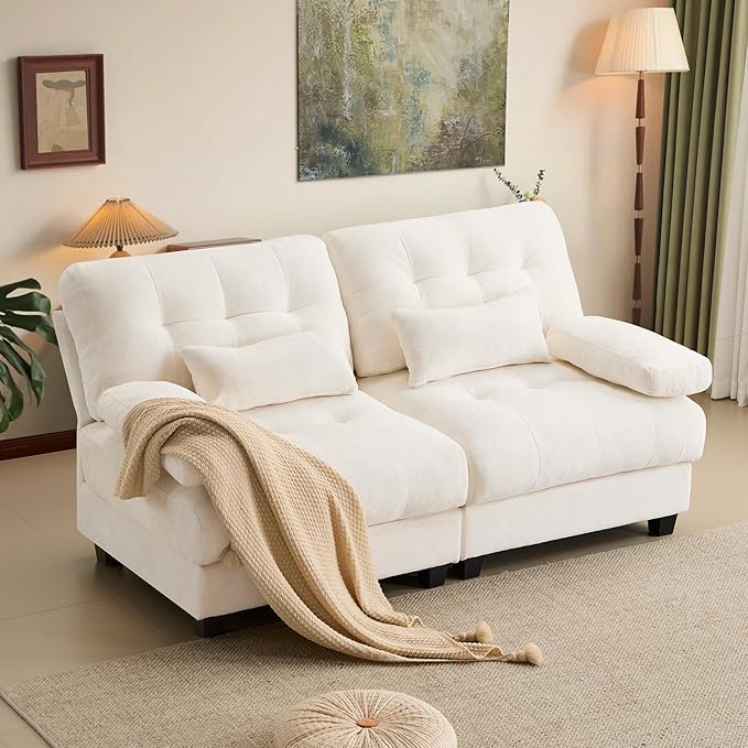 67'' Modern Chenille Love Seat Sleeper Cloud Couch BedConvertible Cozy Deep Seat Couches with Wide Armrest &amp Throw Pillows for Living RoomHomeBedroom(Ivory)