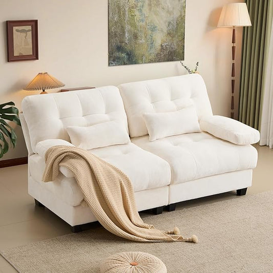 67'' Modern Chenille Love Seat Sleeper Cloud Couch BedConvertible Cozy Deep Seat Couches with Wide Armrest &amp Throw Pillows for Living RoomHomeBedroom(Ivory)