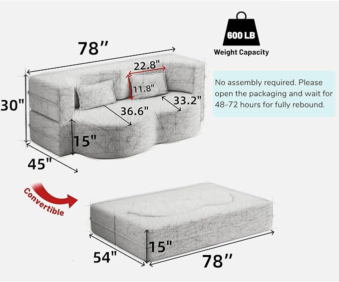 JOYBASE 78in Sofa Couch Convertible Oversized Cloud Loveseat Minimalist Sleeper Sofa Bed for Living Room Apartment Office No Assembly Required (Baby-Pink Corduroy)