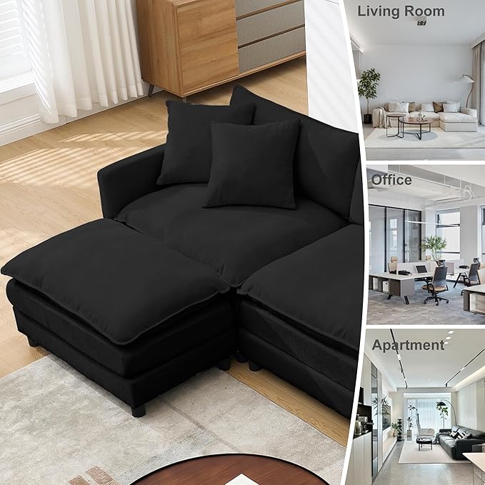 Modular Sectional Sofa108.27'' Modern Corduroy Sofa Set for Living Room with 3 Seat &amp 1 Ottoman &amp 3 Pillows Comfy Cloud Couches with Movable Ottoman DIY Combination Chenille (Black L Shap