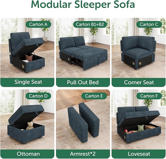 HONBAY Single Seat for Modular Sectional Sofa Customizable Armless Chair for Sectional Sleeper Sofa Velvet Blue