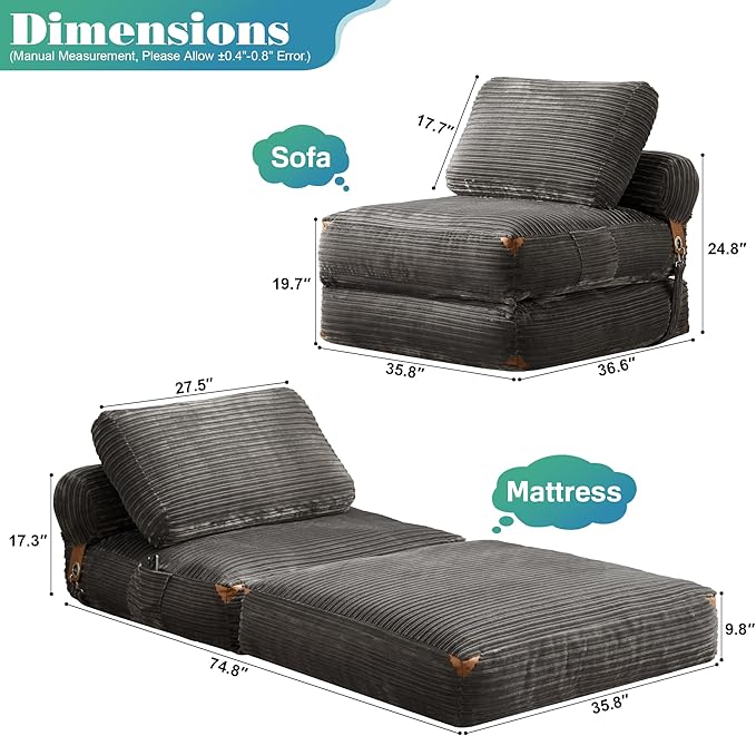 Folding Sofa Bed Convertible Sleeper Chair with Pillow Back Support Foldable Corduroy Futon Floor Couch Comfy Fold Out Chair Bed for Living Room Bedroom Dorm Grey