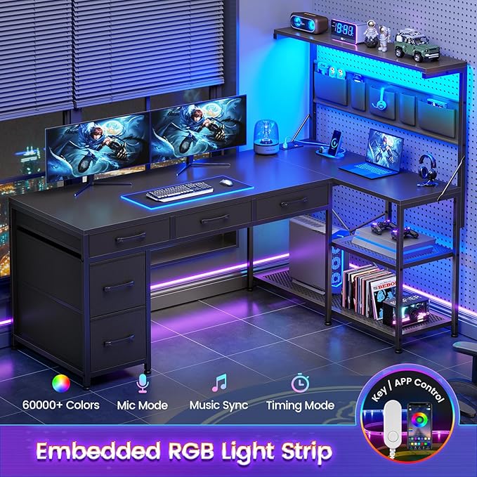 Itaar L Shaped Gaming Desk with 5 Drawers and Storage Shelves Reversible Computer Desk with Bookshelf for Home Office L Shaped Corner Desk with LED Lights Power Outlets and Storage Bag Black