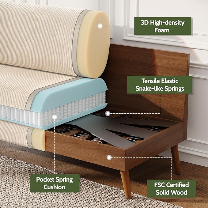 WEUP 68 Loveseat Sofa Beige Corduroy Couch Mid Century Modern Love Seat Couches for Living Room Small Loveseat for Bedroom Office Comfy Sofa with Spring Cushion Solid Wood Tool-Free Assembly