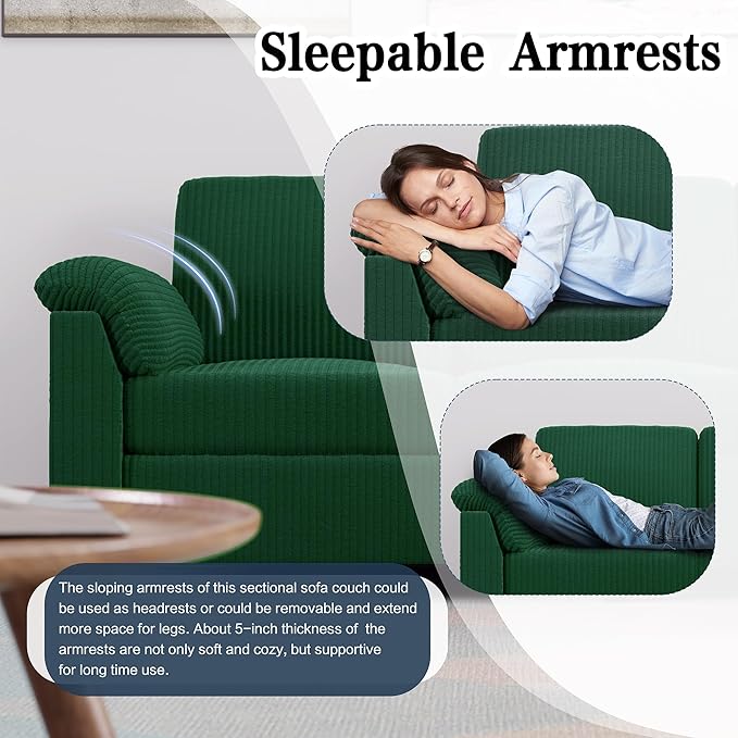 Meilocar Sectional Sofa Couch for Living Room 79 Sectional Couch with Storage Ottoman L Shaped Couches with Armrests Side Storage Pockage 3-Seat Sofa Couches for Living Room Apartment Green
