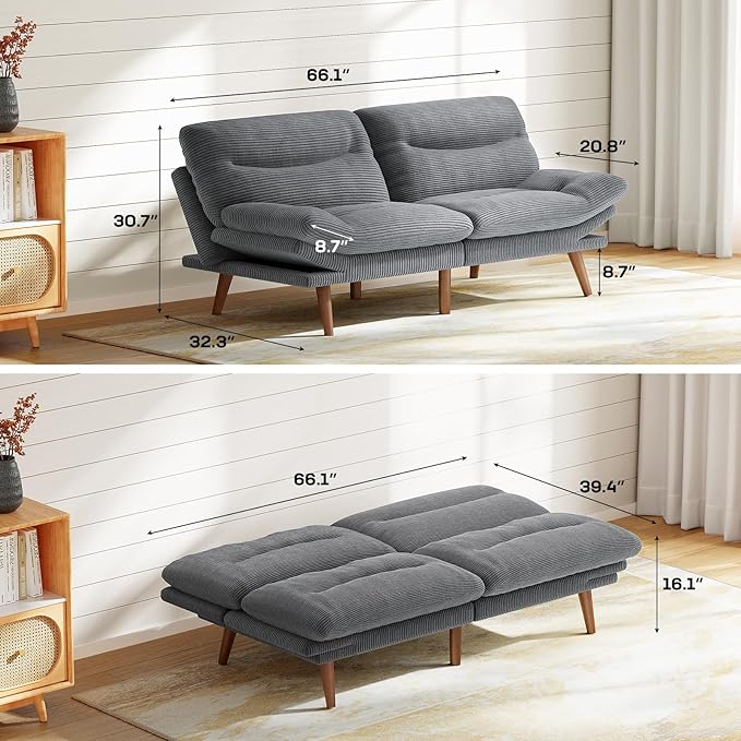 Marsail 66 Futon Sofa Bed Convertible Corduroy Futon Couch with Adjustable Backrest &amp Armrests Small Sleeper Sofa Loveseat for Living Room Apartment Office Grey