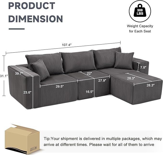 Cloud Couch Sectional Modular Sofa with Deep Seat Plush Corduroy U Shaped Boneless Couch Convertible Sectional Couches for Living Room (Darkgrey 3 Seater &amp 1 Ottoman)