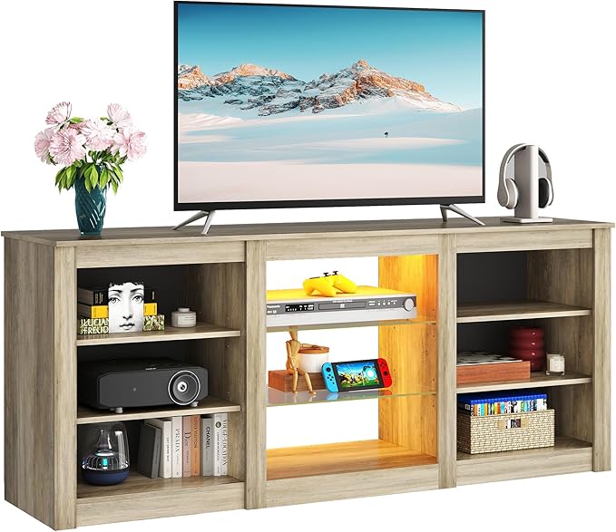 WLIVE Modern TV Stand for 65 Inch TV Entertainment Center with Adjustable Open Shelves &amp RGB LED Lights Sturdy Media Console for Living Room BedroomGaming(Gray Oak)
