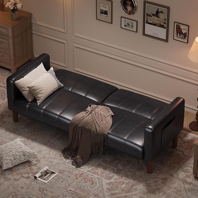 GarveeHome Futon Sofa Bed 75-Inch Modern Faux Leather Convertible Couch Mid-Century Loveseat for Small Space Living Room Bedroom Black