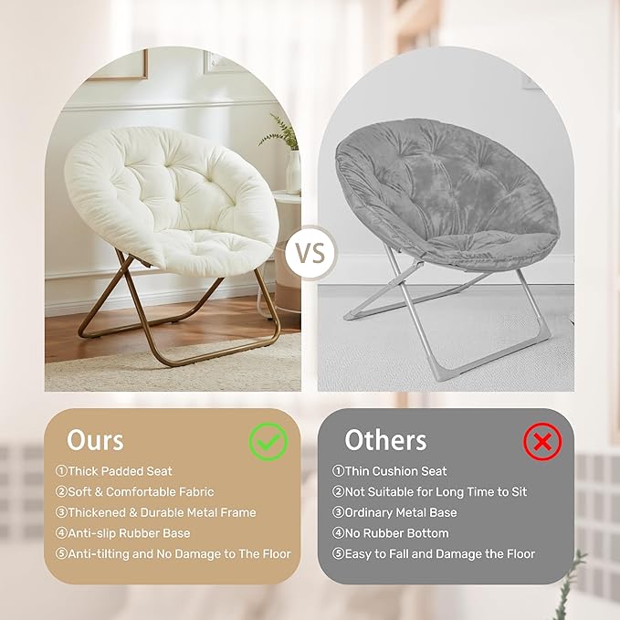 HealSmart Saucer Chair Comfy Faux Fur Chair for Bedroom Saucer Chairs for Adults Teens Round Shaped Moon Chair with Foldable Metal Frame White