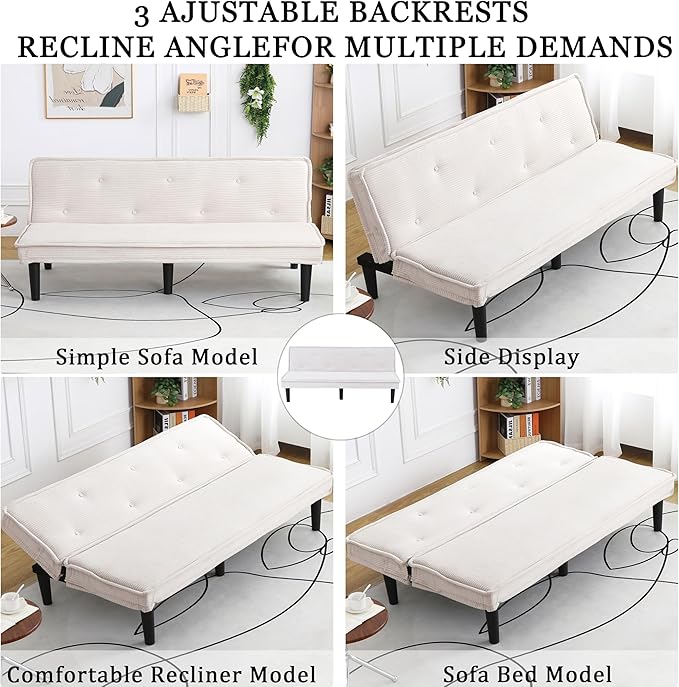 66” Armless Corduroy Sofa Bed 2-in-1 Convertible Sleeper Sofa with Tufted Back Soft Skin-Friendly Fabric Small Futon for Apartments Living Room Bedroom (White)