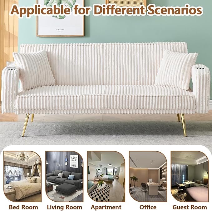 70 Beige Futon Couch Bed Sofa Comfortable Futon Loveseat with Cupholders &amp Arms Convertible Fouton Sofas with Adjustable Backrest &amp Pockets for Small Spaces Living Room Bedroom Dorm (White)