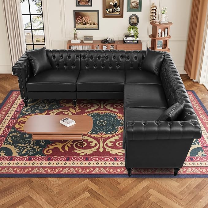 KEIKI 99 L-Shaped Luxury PU Leather Chesterfield Sectional Sofa with Rolled Arms and Nailhead Mid-Century Style Oversized 5-Seater Button Tufted Couch Easy Assembly for Living Room Black