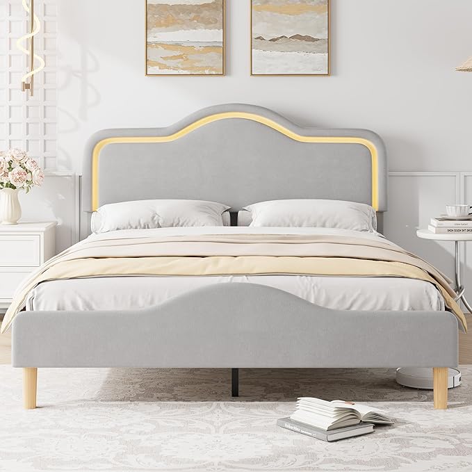 IDEALHOUSE Queen Size Bed Frame with LED Lights Velvet Upholstered Platform Bed with Adjustable Headboard for Kids/Girls Wooden Slats Support No Box Spring Needed Gray