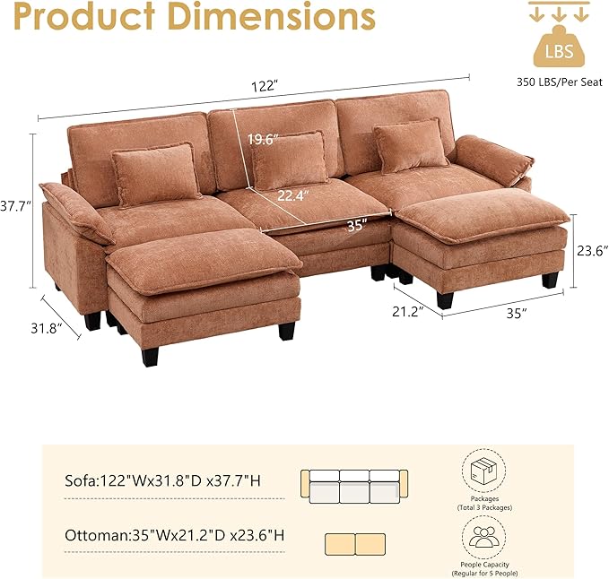 URRED Cloud Couch Modular Sectional Sofa 122 Modern U Shaped Deep Seat Sofa with 2 Ottomans &amp Pillows Ultra Comfy Chenille Couches for Living Room Bedroom or Apartment Orange