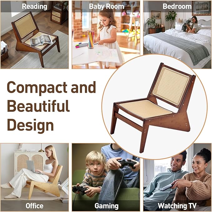 Welnow Mid Century Rattan Accent Chair Bamboo Wood Lounge Chair with Woven Cane Backrest Low Armchair for Living Room Bedroom Balcony or Reading Corner Walnut