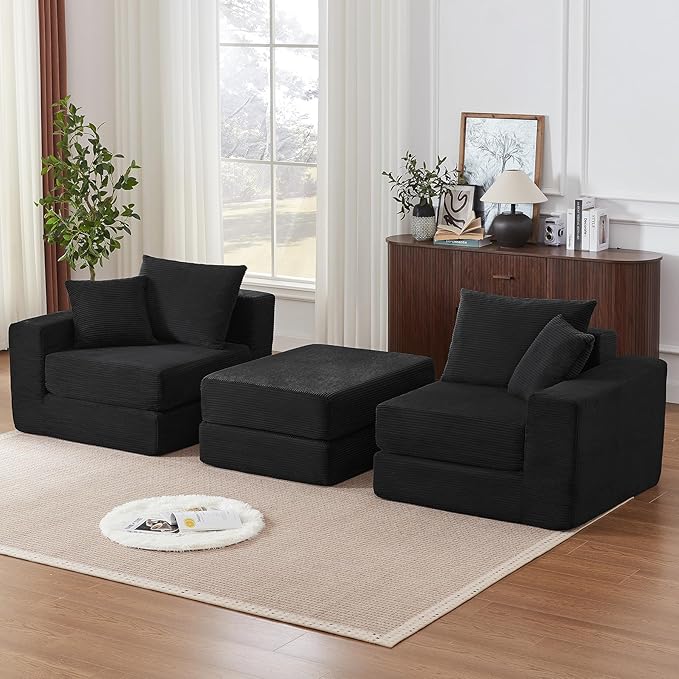 Modular Loveseat L Shaped SofaBoneless Cloud Couch with Ottoman (Black) | Freely Combination No Assemble Required Modular Design Breathable Fabric Convertible to Bed Futon Bed
