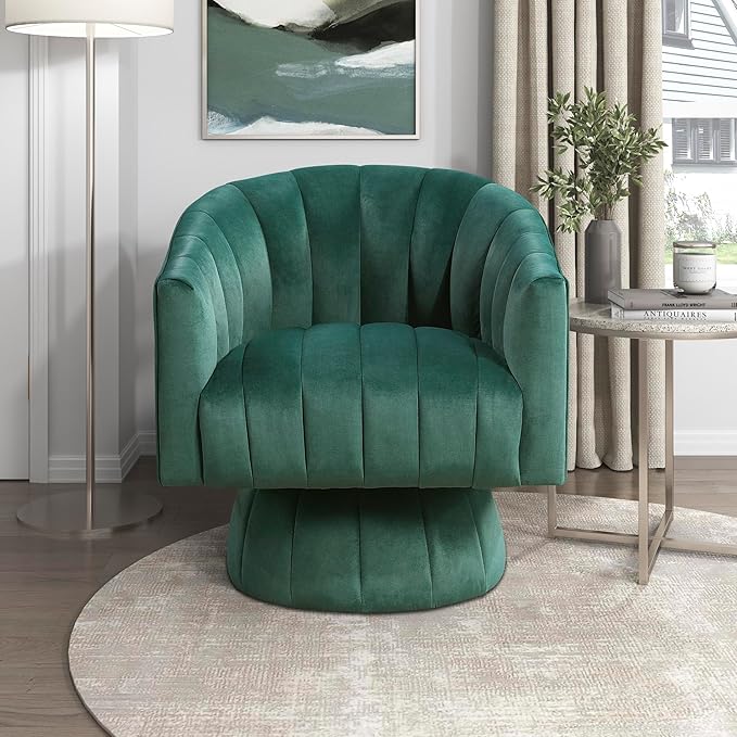 Lexicon Modern Swivel Accent Chair Velvet Fabric Upholstered Swivel Lounge Chair with Rounded Base and Channel Stitching for Living Room/Bedroom/Office Easy Assembly Dark Green