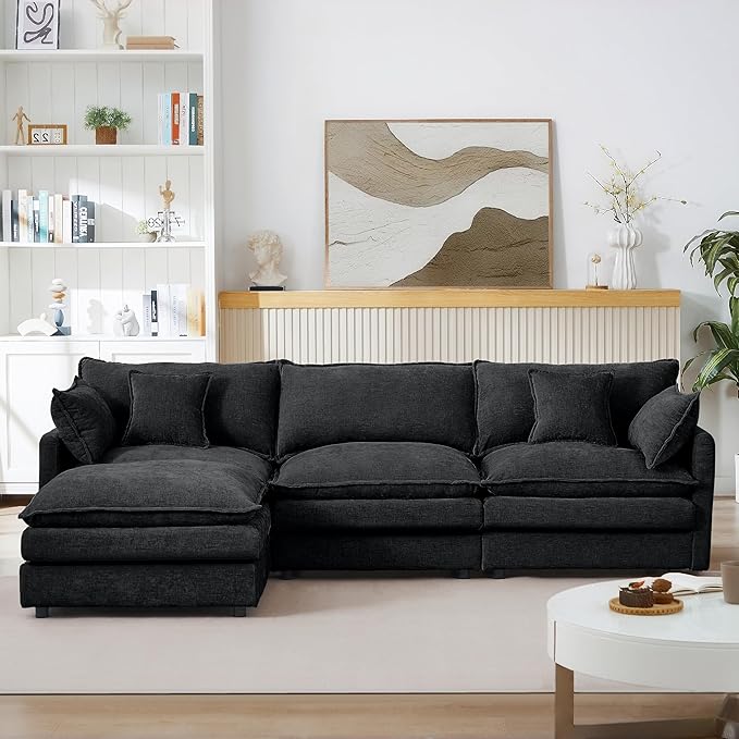 Black Sectional Modular Sofa Cloud Couch 105 Modern Convertible L-Shape Sofa Deep 3-Seater Soft Chenille Comfy Upholstered with Removeable Ottoman Set and Removable Cushions for Living Room