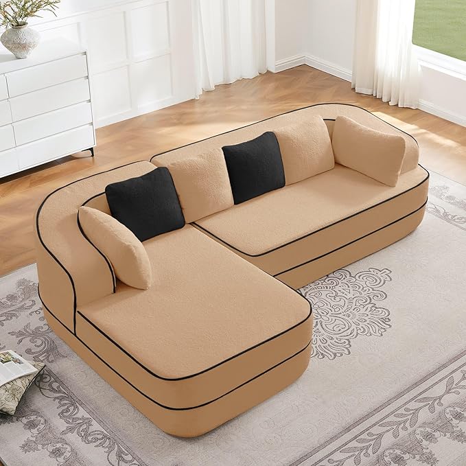 105.9 Modular Sectional Couch Sofa for Living RoomHigh Density Sponge Boneless Sofa with Left ChaiseL-Shaped Cloud Couch with Soft Teddy FabricNo Assembly RequiredCamel