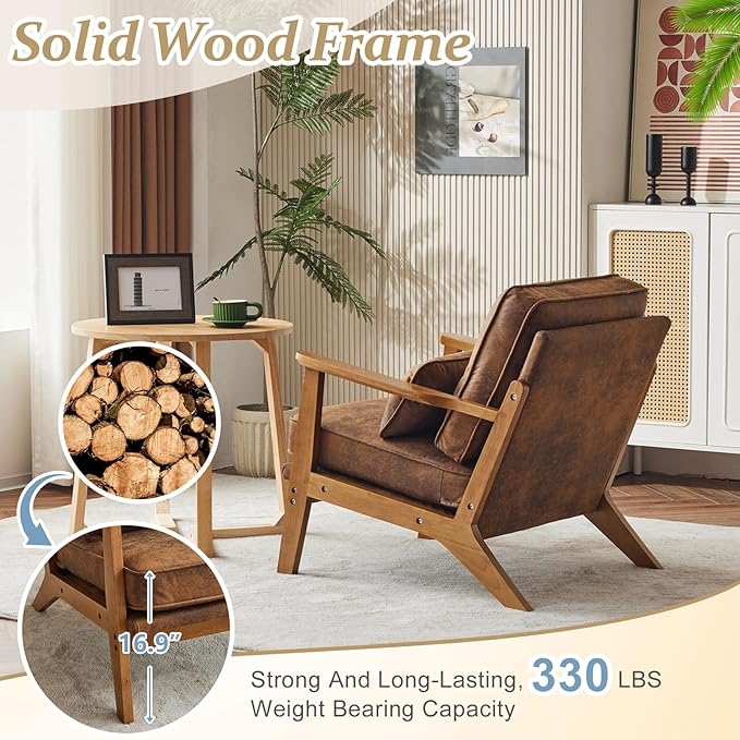 VINGLI Solid Wood Wide Armrests Accent ChairUpholstered Mid Century Modern Chair with PillowComfy Reading Chair Farmhouse Arm ChairChairs Living RoomBedroomGuest RoomSuedeRustic