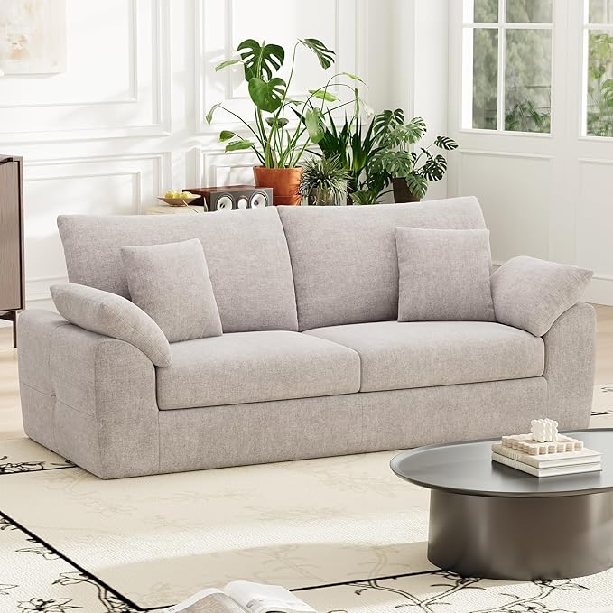 90 Boneless Loveseat Sofa Cloud Foam Couch 3 Seater Upholstered Midcentury Mondern Love Seat Wide Armrest and 4 Pillows for Home Living Room/Small Spaces No Assembly Required Camel