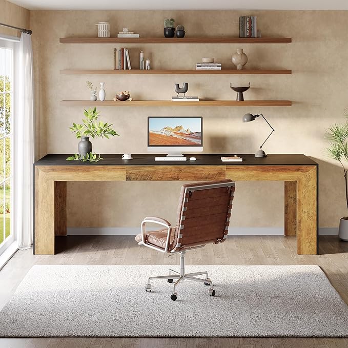 Tribesigns 78.7-Inch Long Computer Desk for 2 People Farmhouse Executive Desk with Wooden Desktop and Legs Large Workstations Writing Table Gaming Table for Home Office Heavy Duty Black + Brown