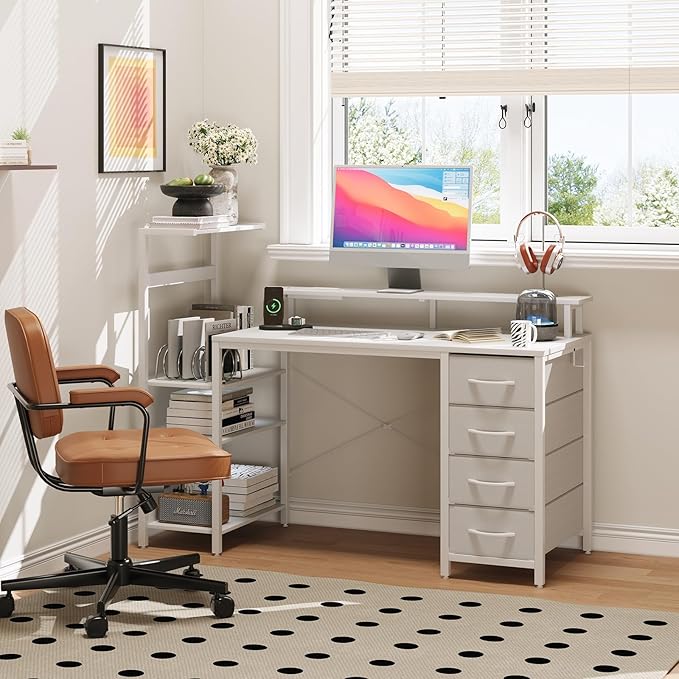 51 Inch Gaming Desk with Power Outlet and LED Lights Computer Desk with 4 Drawers &amp Storage Shelves Reversible Home Office Desk with Monitor Stand for Small Space Bedroom Carbon Fiber White