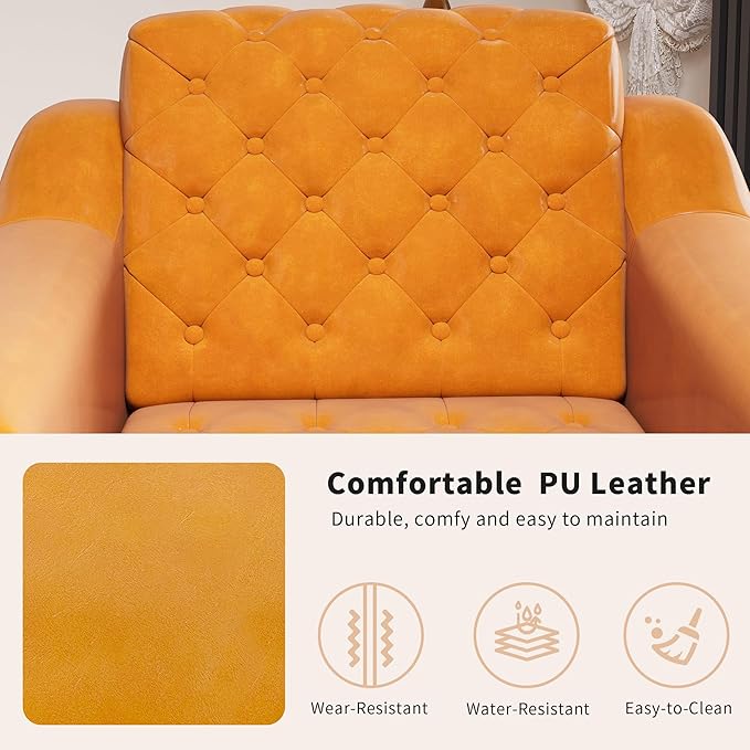 EJUNQ Cozy Accent ChairPU Leather Modern Living Room ChairsMid-Century Office Reading ChairSingle SofaArmchair for Bedroom Apartment Waiting Room(Orange)
