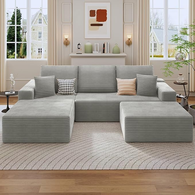 107 Cloud Sectional Couch with U-Shaped Chaise Corduroy Sectional Sofa with Ottoman Boneless Couch with Deep Seat in a Box for Living Room No Assembly Required (Grey Left Facing Chaise)