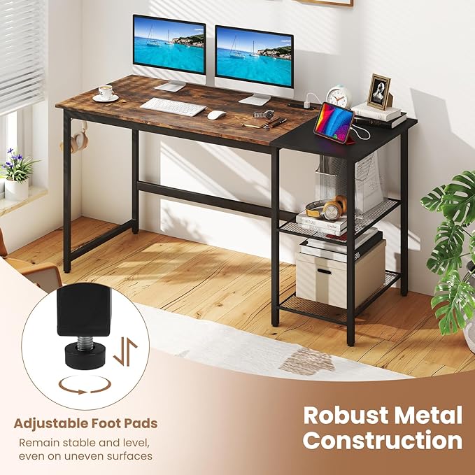 Computer Desk 59’’ Gaming Desk w/Storage Shelves &amp Power Outlet Wood Office Table w/Steel Frame &amp Adjustable Feet Large Writing Desk for Bedroom Study Home Office (Rustic Brown 59''W)