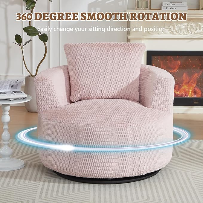 39.4 Wide Swivel Accent Chair Modern 360° Rotating Barrel Chair with Metal Base Club Single Sofa Chenille Armchair for Living Room Bedroom Reading Room Office (Pink)