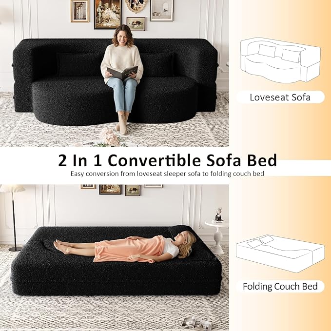 Folding Sofa Bed15 Full Size Boneless Couch for Living Room Teddy Fabric Foam-Filled Convertible Loveseat Sleeper Sofa Bed (Black-Teddy)