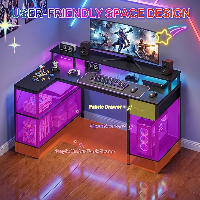 Alpen L Shaped Gaming Desk 47 Inch Computer Desks with Drawers Corner Desk Gaming Table with LED Lights &amp Power Outlets Monitor Stand Home Office Desk for Living Room Bedroom Black