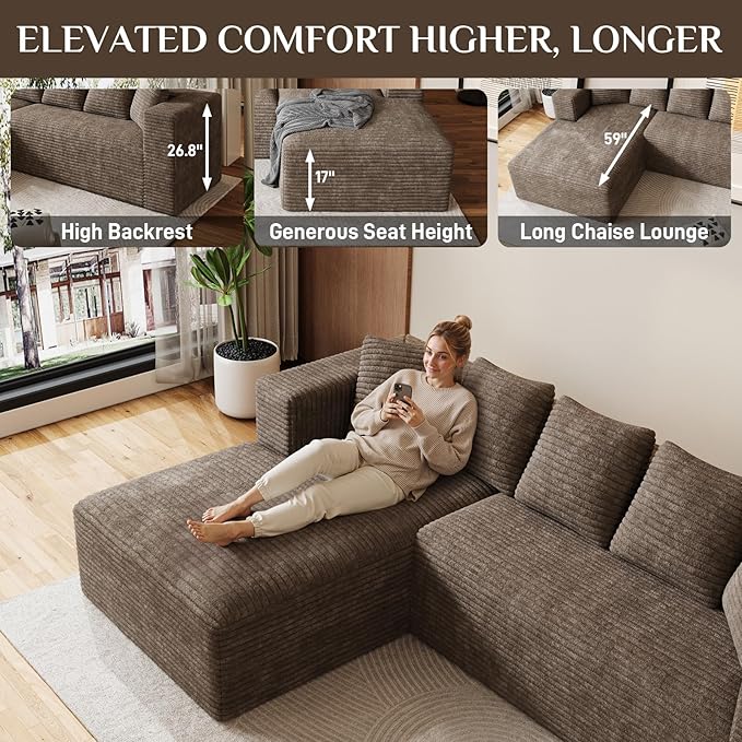 Modular Sectional Sofa 107 L Shaped Cloud Couch Plush Corduroy Deep Seat Boneless Sofas with 5 Pillows Long Chaise Lounge Couches Memory Foam for Living Room - Brown Right Facing Chaise