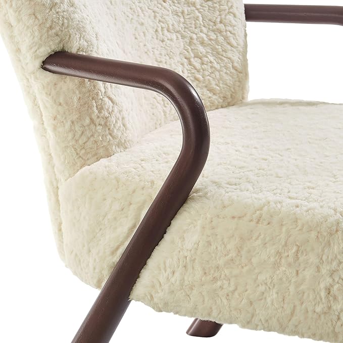 Modway Arden Faux Shearling Upholstered Accent Armchair in Ecru – Mid-Century Modern Fuzzy Lounge Chair with Curved Wood Frame