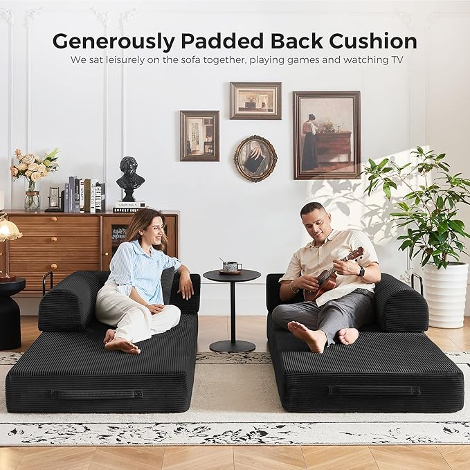 5-in-1 Convertible Sofa Bed No Assembly 79 Fixed Steel Frame Sleeper with High-Resilience Foam Corduroy Modular Couch Foldable for Small Space Apartment Studio (Black)
