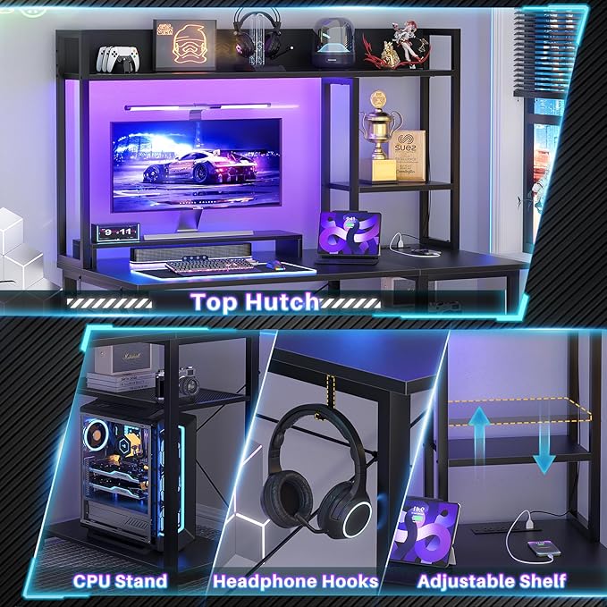 Cyclysio Gaming Desk with Hutch 39'' Computer Desk with LED Lights &amp Power Outlets Home Office Desk with Reversible 5 Tiers Storage Shelves &amp Monitor Stand Small Gaming Table for Small Spac