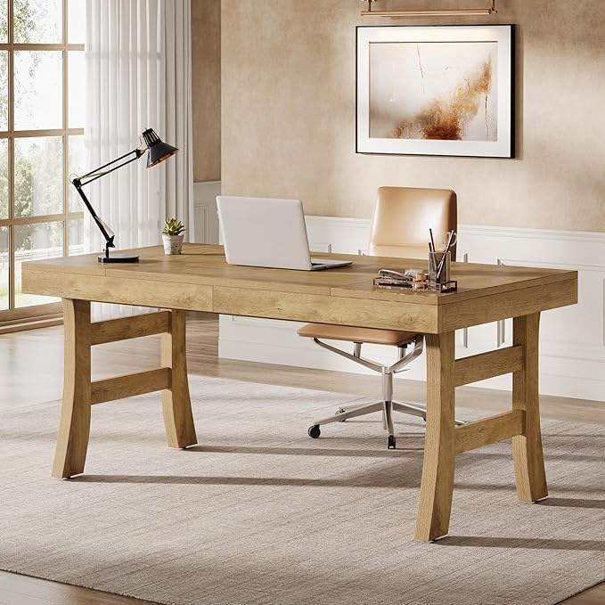 Tribesigns 63-Inch Executive Desk Large Office Computer Desk with Sturdy Legs Farmhouse Simple Workstation Writing Study Table for Home Office Light Brown