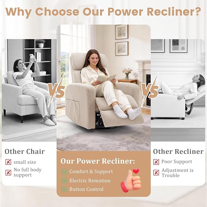 Power Swivel Recliner Chairs for Adults Electric Glider Rocking Chair Nursery Glider Recliner Nursery Chair with Classified Side Pocket Nursery Rocking Chairs with USB and Type-C Ports