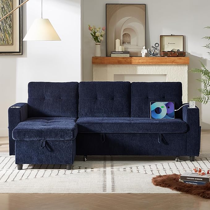 ONBRILL Sleeper SofaPull Out Couch Bed with Storage ChaiseL Shaped Cloud Couch with Adjustable BackrestSectional Couches for Living RoomApartmentTool-Free Assembly ChenilleBlue