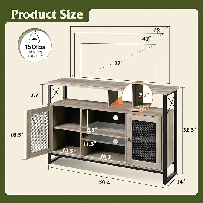 WLIVE TV Stand 55 inch TV Tall Entertainment Center and Industrial TV Console Cabinet with Storage for Bedroom Living Room Greige