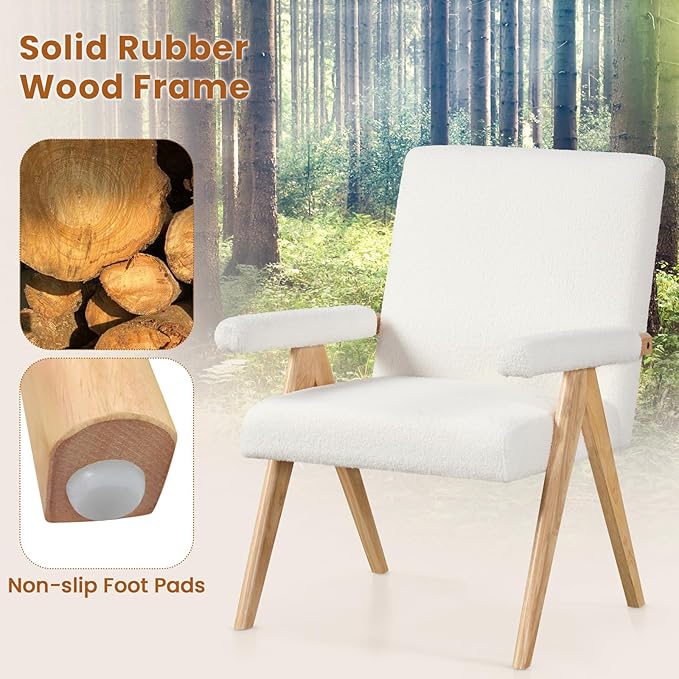 GOFLAME Mid-Century Modern Accent Chair Set of 2 Sherpa Fabric Armchair with Solid Rubberwood Frame Padded Seat &amp Armrests Upholstered Reading Chair Leisure Chair for Living Room Bedroom