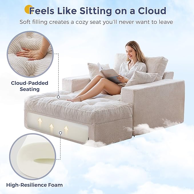 MAXYOYO Modular Sectional Chaise Lounge Sofa Upholstered Lounge Chair with Ottoman Comfy Couch with Layered Cushion Tufted Upholstered Sleeper Chair for Living Room No Assembly Beige