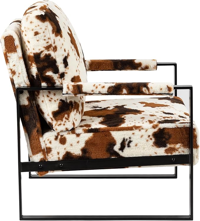 GIA Mid Century Modern Accent Chair Upholstered in Faux Fur Armchair with Black Metal Basefor Living Room Bedroom Home Office Set of 2 Brown Cow Print