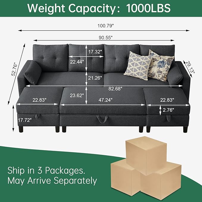 Convertible Sectional Sofa with Storage Ottoman Bench 101 U Shaped Couch 4-Seat Sofa Set for Living Room/Apartment Sectional Couch with Movable Ottoman Darkgrey