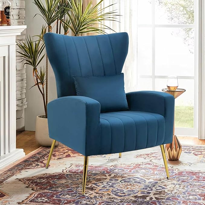 Velvet Accent Arm Chairs with Wingback &amp Lumbar Pillow Modern Armchair for Living Room Bedroom Guest Reception Side Chair for Office Gold Finish Navy Blue