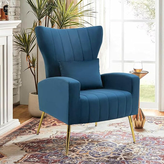 Velvet Accent Arm Chairs with Wingback &amp Lumbar Pillow Modern Armchair for Living Room Bedroom Guest Reception Side Chair for Office Gold Finish Navy Blue